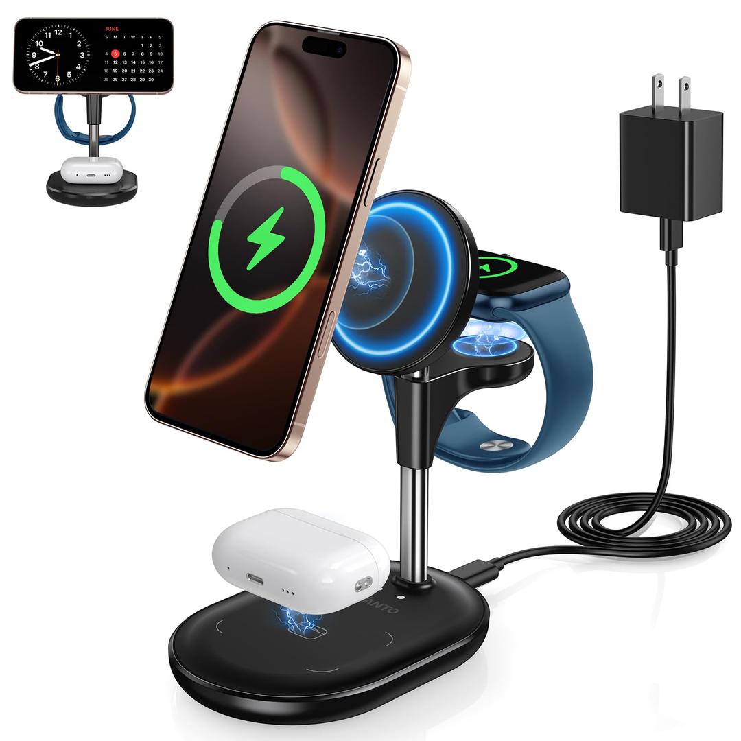 HEVANTO 3 in 1 Wireless Charging Station, Black, 15W Fast Mag-Safe Charger