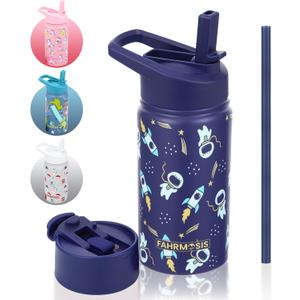 FAHRMOSIS 14 OZ Kids Water Bottle with Straw & 2 Lids (Flip & Spout) Leak Proof Metal Insulated Stainless Steel Reusable Tumbler for School & Sports Water Bottle - Black (Space)