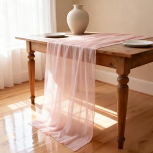 2PCS Light Pink Cheesecloth Table Runner 33x120 Inch 10 FT Blush Rustic Gauze Table Runner for Wedding Birthday Party Baby Bridal Shower Home Decor Holiday Decorations