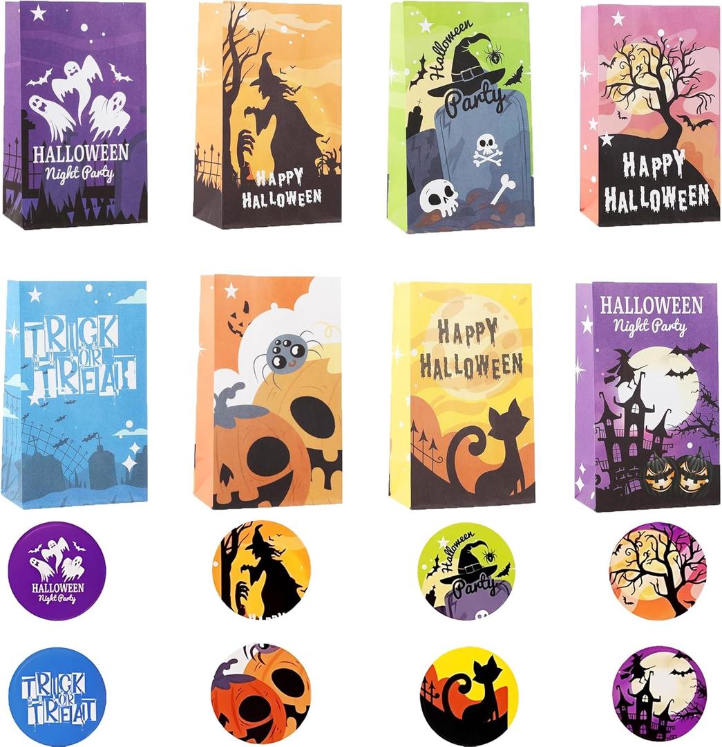 YOOBABOO Halloween Treat Bags,8 Types Halloween Goodie Bags,24Pcs 8.6in x 5.1in Paper Candy Bags Popcorn Bags