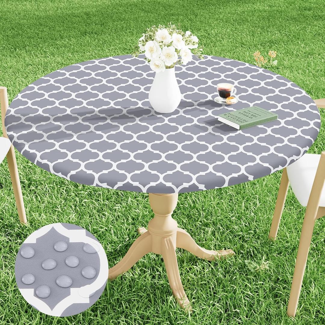 Smiry Round Picnic Tablecloth, Waterproof Elastic Fitted Table Covers for 36" - 44" Tables, Wipeable Flannel Backed Vinyl Tablecloths for Camping, Indoor, Outdoor, Grey & White