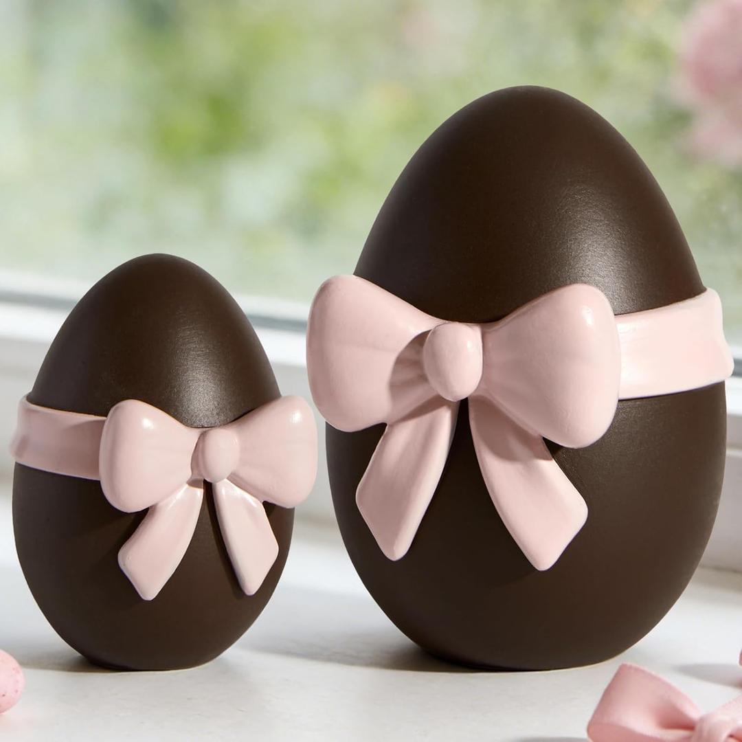 DN DECONATION Easter Decorations Egg Figurines Set with Pink Bows, 2PCS Brown Easter Spring Decor & Farmhouse Home Tabletop Decor, Resin Egg Statues Sculptures for Shelf Coffee Table Mantel