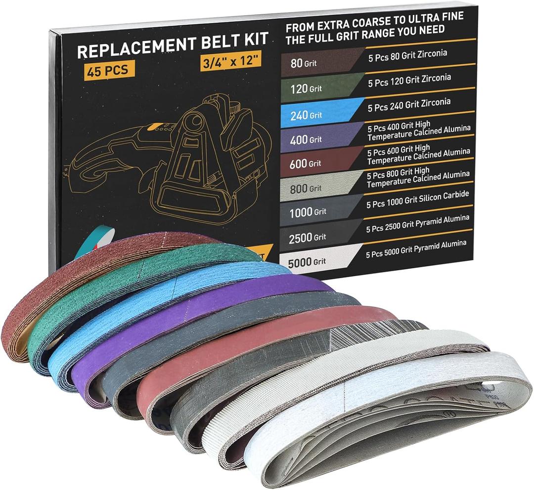 45 Pcs 3/4" X 12" Replacement Knife Sharpener Sanding Belt Kit for Work Sharp Knife & Tool Sharpener Ken Onion Edition (WSKTS-KO), 80/120/240/400/600/800/1000/2500/5000 Grits