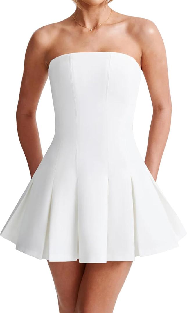 Women's Sexy Strapless Ruched Pleated Tube Mini Dress Y2K Sleeveless A Line Bodycon Short Dress White Large