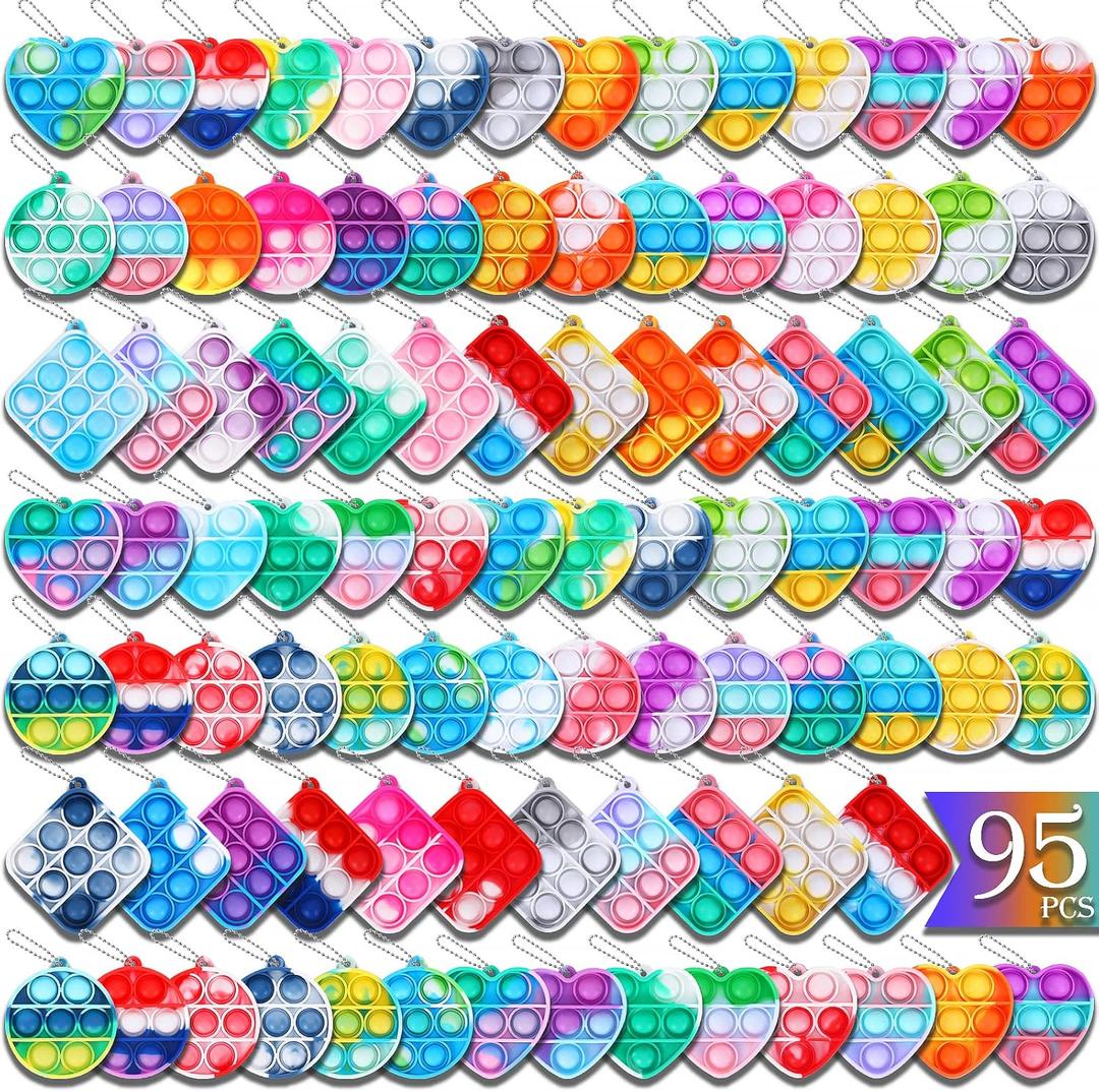 Arme 95Pcs Pop Fidget ToysParty Favors Toddler Toy Pop Fidget Keychain Mini Fidget Toys Bulk Sensory Toys Stress Toys, Party Fidget Pack Popper Toy Gift for Girls Boys