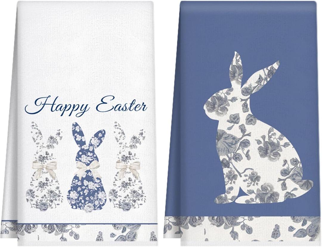 Frienda 2 Pcs Blue Easter Kitchen Towels Blue Floral Easter Hand Towels Bunny Dish Towel 17 x 26 Inch Rabbits Bow Decor Kitchen Towel Spring Farmhouse Holiday Room Decoration
