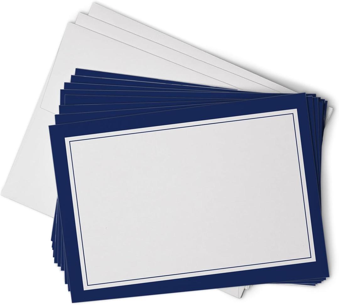 Hill Valley Greetings Blank Border Note Cards with Envelopes - 48 Classic Note Cards with Envelopes - Blank Simple Paneled Folding Cards For Business Professionals & Formal Events (Blue)