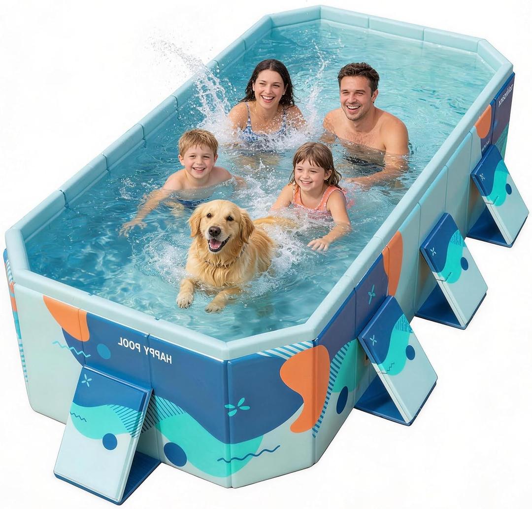 Large Foldable Family Swimming Pool for Kids & Dogs, 115" L x 65" W x 21.5" D Hard Plastic Square Pool with Reinforced Sidewalls and Easy Setup for Backyard