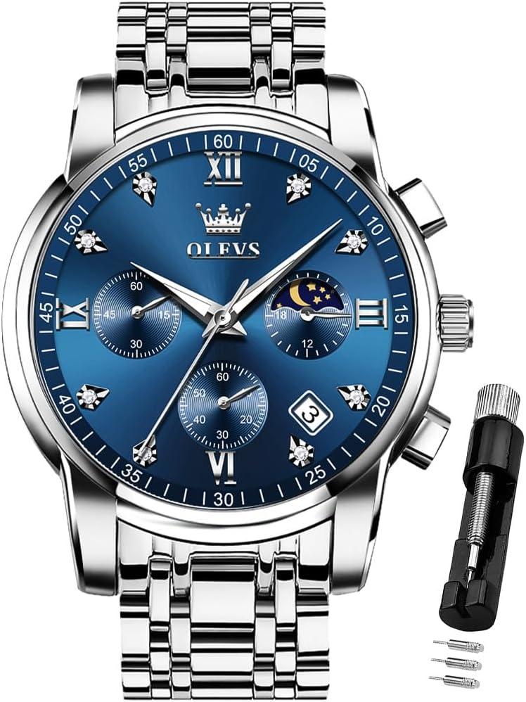 OLEVS Watch for Men Diamond Business Dress Analog Quartz Stainless Steel Waterproof Luminous Date Two Tone Luxury Casual Wrist Watch Blue