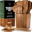 Vasilek Wooden Utensil Set XXL  13 Piece Acacia Wood Cooking Tools with Square Holder for Nonstick Cookware with Holder & Spoon Rest  Wooden Spoons for Cooking, Spatula, Spurtle