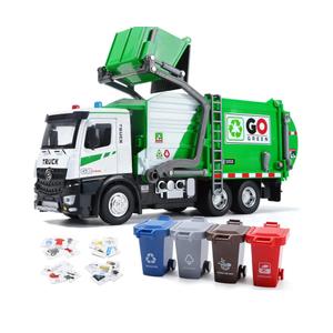 HOLYFUN 12'' Electric Garbage Truck Set with Front Loader/Metal Cab, Friction-Powered Recycling Vehicle with Dumpster, 4 TrashBins & Sorting Cards, TrashTruck Toy with Lights/Sounds for Kids