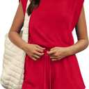 OFEEFAN Rompers for Women Summer Cap Sleeve Adjustable Drawstring Waistband Crewneck Casual Outfits with Pockets (Medium, Red)