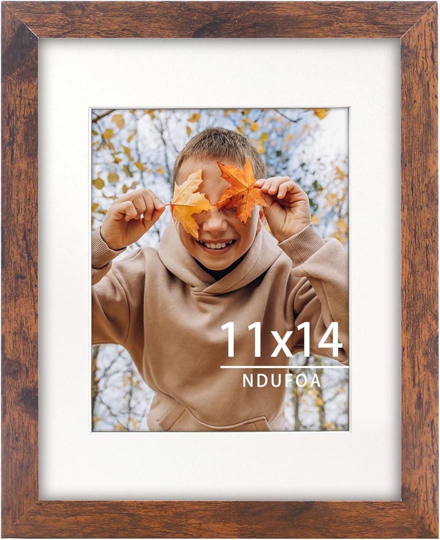 11x14 Picture Frame, Display Photos 8x10 with Mat or 11x14 without Mat, Poster Frame for Wall and Tabletop, Brown