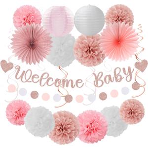 Rose-Gold Pink-White Baby Shower Party-Decorations - 22pcs Girls Welcome Baby Banner, Paper Lanterns Streamers, Tissue Pom Poms Flowers Fans Decor Supplies Hugmoon