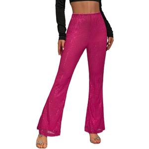 YHYJMY Hot Pink Loose Elastic High Waist Wide Leg Flare Pants Womens Casual Sparkle Sequin Glitter Bling Shiny (A030-Rose/Red-S)