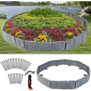 Garden Edging Border with Anchoring Spikes,Plastic Landscape Edging Border Imitation Stone Fence for DIY Outdoor Yard Landscaping (20pcs/16 FT, Gray)