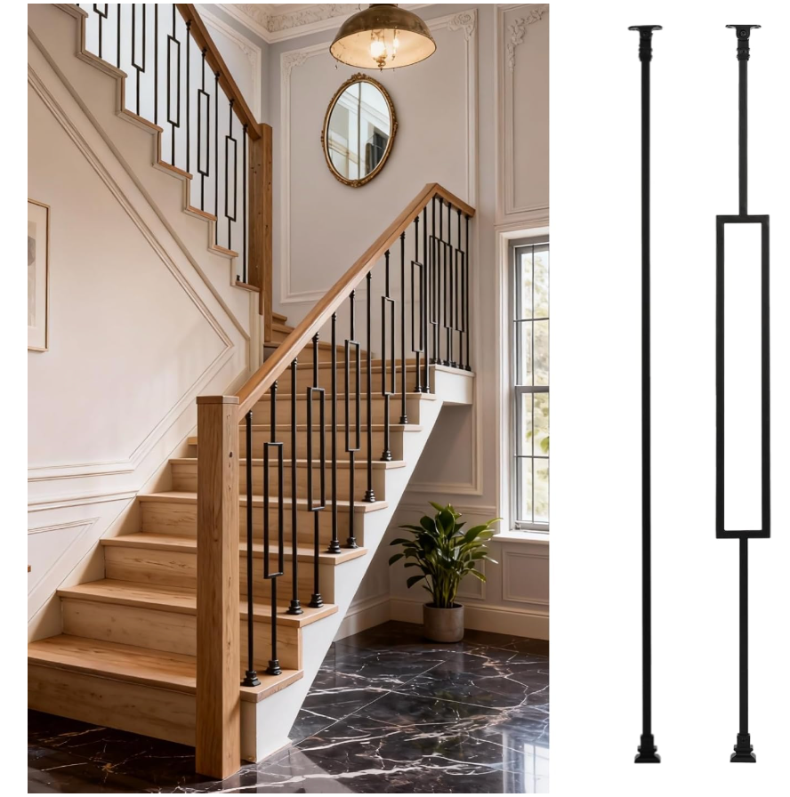 WICHEMI 32 Pack Balusters for Staircase Interior, 44" x1/2" Wrought Iron Stair Balusters Indoor Hollow 16 Single Rectangle 16 Straight with 64 Fixed Swivel Shoes