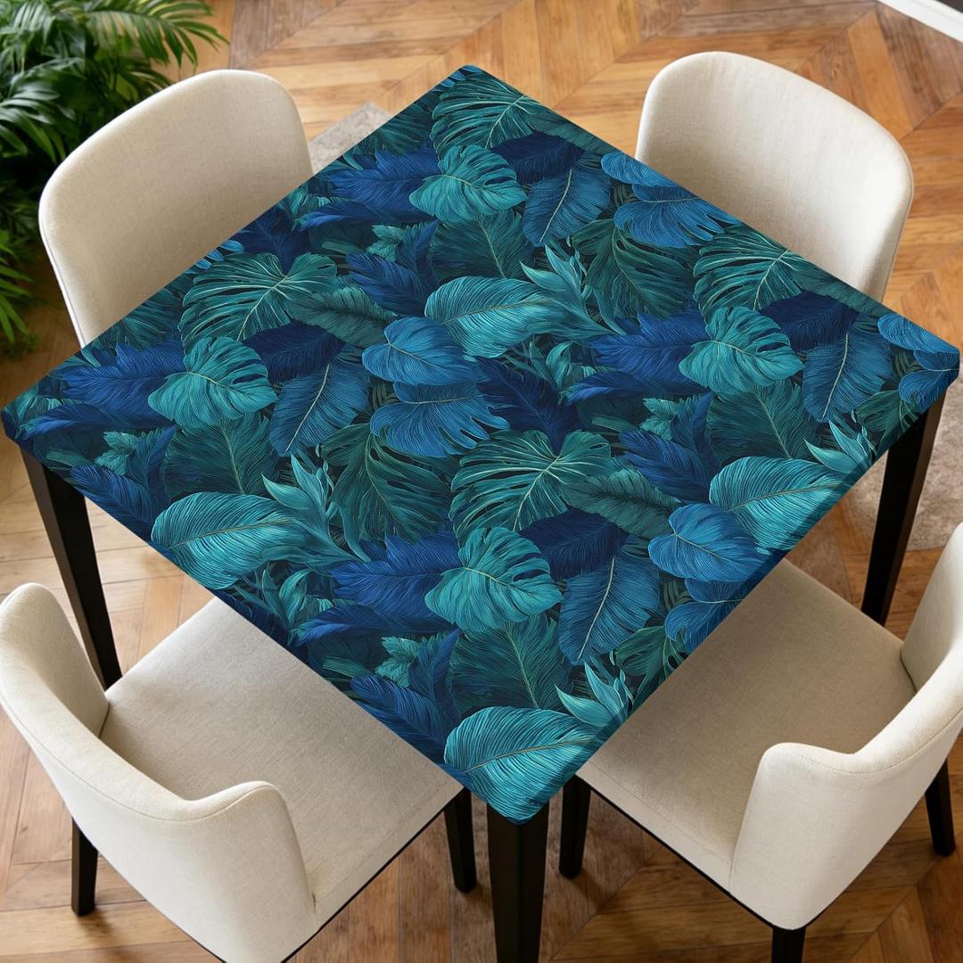 Square Fitted Table Cover with Elastic Edge Design 36x36 in | Polyester Waterproof Stain-Resistant Wipeable Table Cloth for Kitchen Dining Picnic Patio Outdoor Palm Leaf