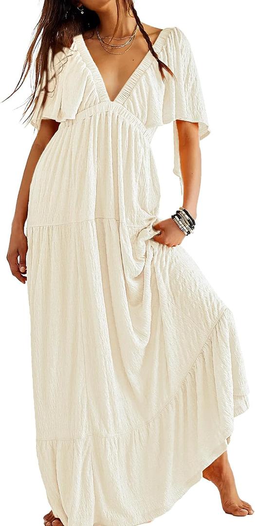 Kikibell Women Summer Dresses Sexy V-Neck Maxi Dress Tiered Silhouette with Flutter Sleeve Backless Elastic Waist Flowy Dress (White, S)