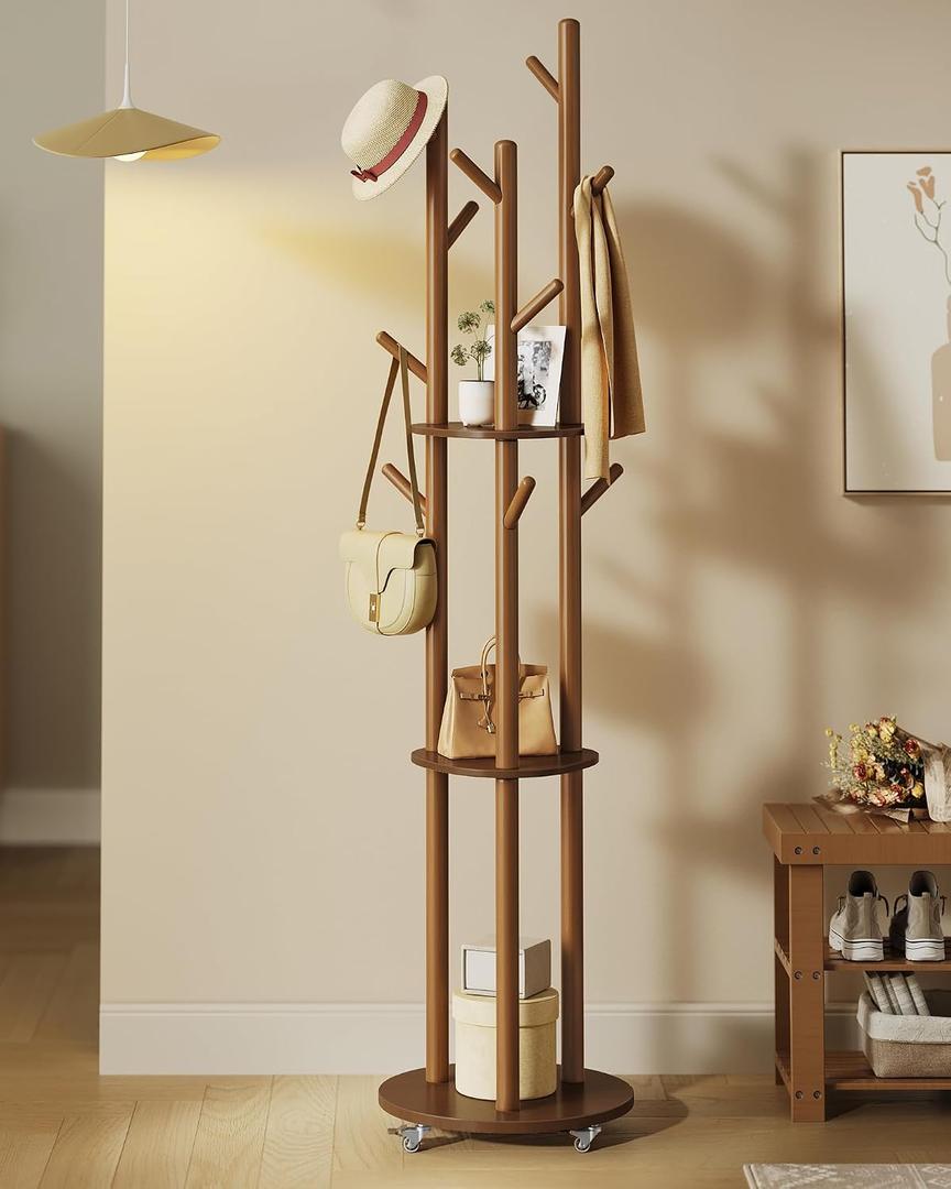 VASAGLE Freestanding Coat Rack Stand, Coat Tree with 11 Hooks, 3 Shelves, 4 Removable 360 Swivel Wheels, Wooden Hooks and Poles, for Entryway, Bedroom, Living Room, Walnut Brown URCR023K01