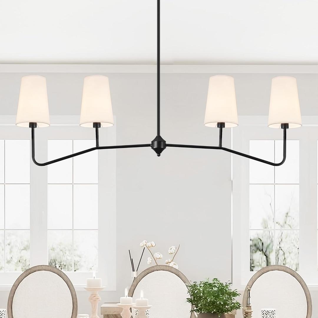 47" Modern Linear Chandelier, 4-Light Black Pendant Light with Fabric Shades, Adjustable Height Ceiling Light Fixture for Kitchen Island, Dining Room, Living Room, Bedroom, ETL Listed