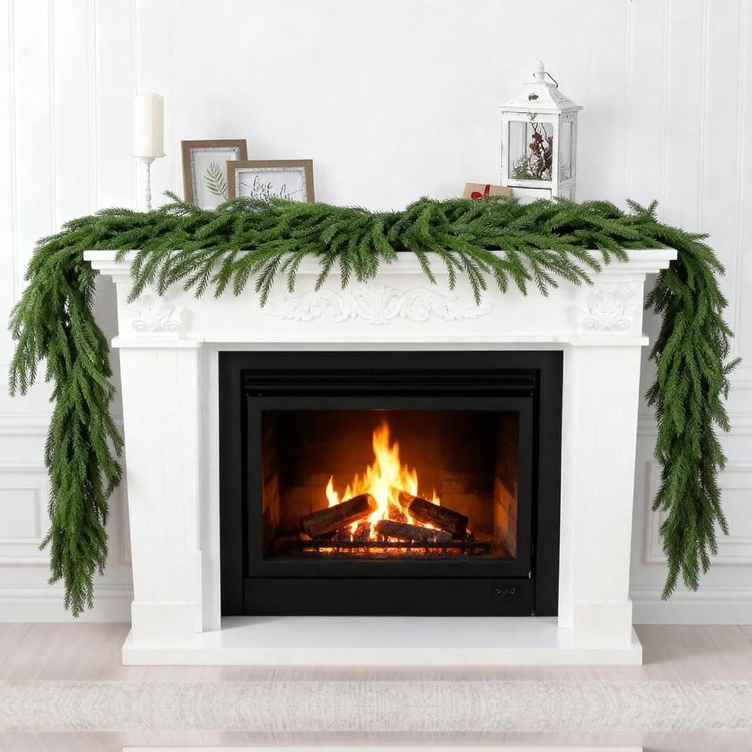 9FT Christmas Garland, Real Touch Norfolk Pine Garland, Green Artificial Greenery Garland for Table, Mantle, Wall, Indoor, Outdoor Christmas Decorations