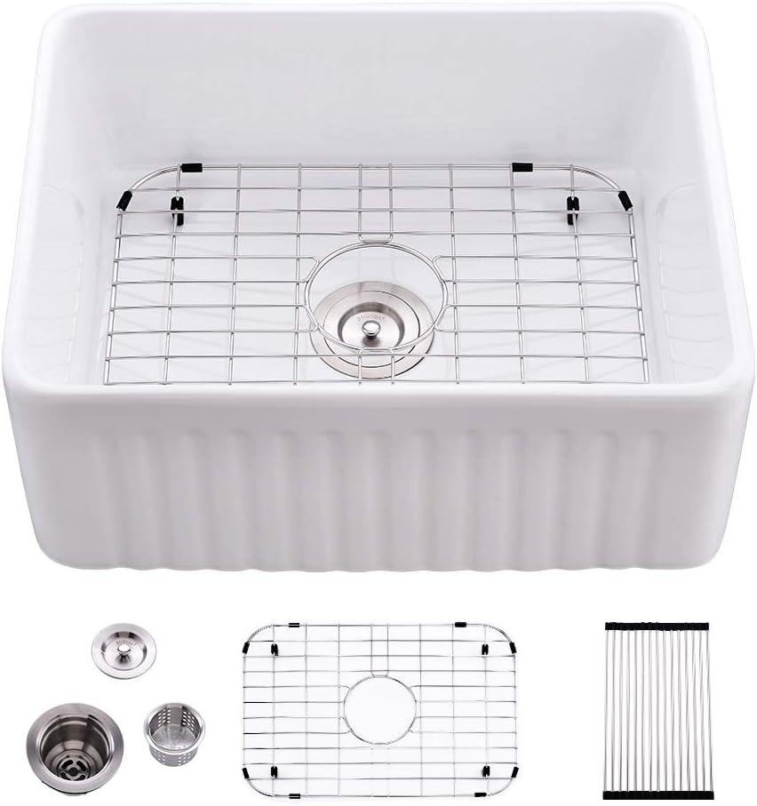 24 Inch Small White Farmhouse Sink,Apron Front Sink for Kitchen | 24x18 Fireclay Farmhouse Sink Apron Front Porcelain Ceramic Single Bowl White Kitchen Sink with Dish Grid and Roll Up Rack