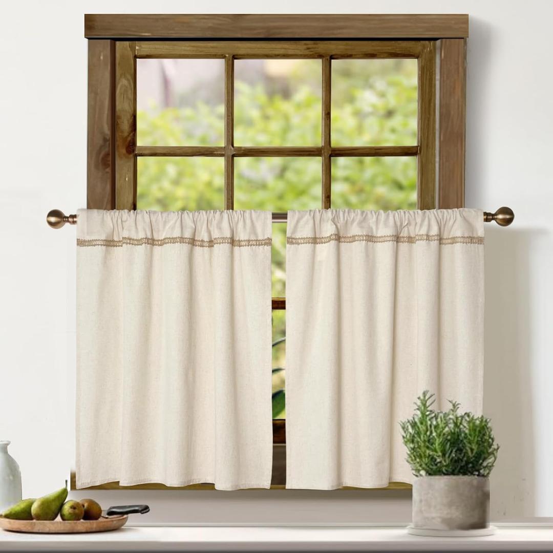 Cotton Linen Kitchen Curtains for Windows with Burlap Lace Trim Rustic Farmhouse 24 inch Rod Pocket Neutral Short Curtain Window Treatment Tiers,Set of 2
