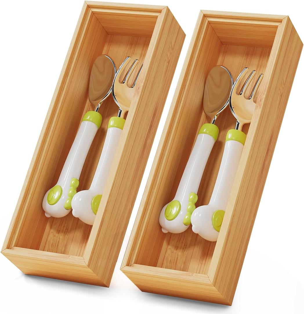 Bamboo Kitchen Drawer Organizer Boxes 9" x 3" Stackable Wood Silverware Utensil Tray for Drawers Bins, Cutlery & Flatware Storage Wooden Organizers Set of 2 for Junk Drawer, Bathroom, RV