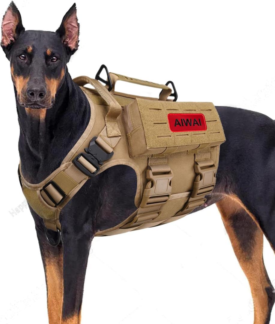 Tactical Dog Harness with Handle for Large Dogs,2X Metal Buckle, Dog MOLLE Vest with Pockets,No Pull Adjustable Pet Harness, Easy Control Dog Vest Harness for Working Training (Khaki, XL)