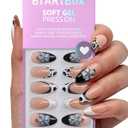 BTArtbox Press On Nails Medium - 3D Flower Almond French Tip Press On Nails with Glue for Women, Opaque Soft Gel Glue On Nails in 15 Sizes - 30 Stick On Nails Kit, Bessie & Bestie
