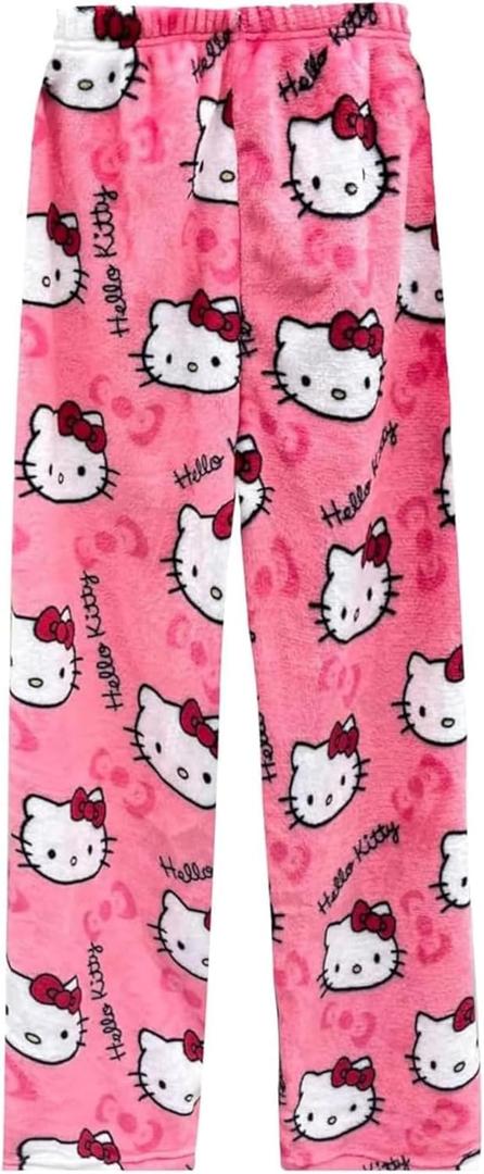 Anime Pajamas Pants Women Cartoon Family Christmas Pajama Pants Kawaii Flannel Pajama Pants Black and Pink (XX-Large, Rose Red)