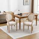 GDFStudio French Solid Wood Dining Armchairs Set of 2, Beige Upholstered Linen Seats with Carved Arms, Rubberwood Legs, Vintage Country Inspired Chairs for Dining Room or Kitchen