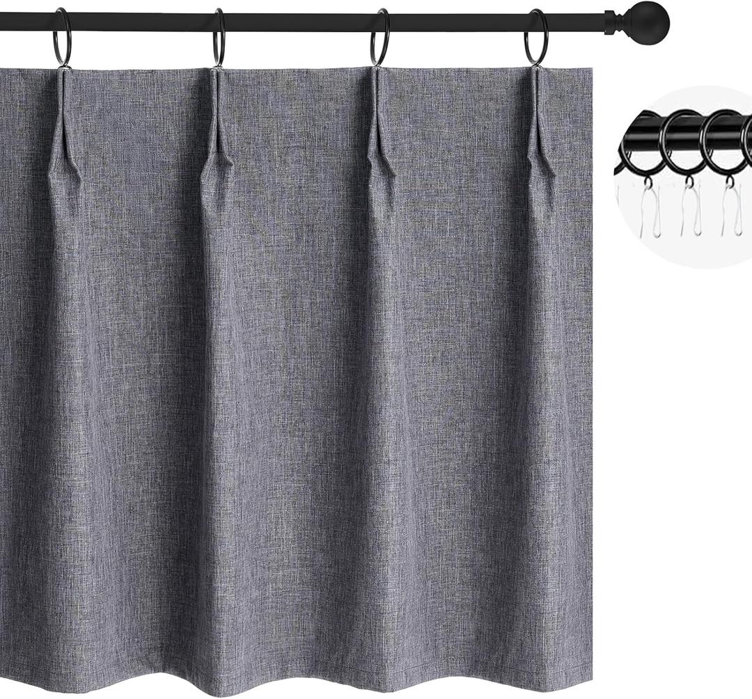 WdFour 24x18 Inch Pinch Pleated Blackout Cafe Curtains - Pack of 2, 100% Light Blocking Back Tab Drapes for Half Windows, Kitchen & Bathroom Short Curtains in Dark Gray