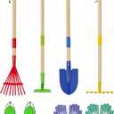 4-Piece Garden Tool Set with Shovel, Rake, Hoe, Leaf Rake - 2 Pairs of Gloves & 2 Storage Bags, Wooden Gardening Tools for Yard & Lawn Care