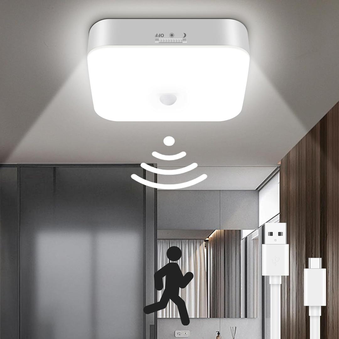 TOOWELL Waterproof Rechargeable Shower Light Indoor - 10000mAh Motion Sensor Closet Lights, Battery Operated Ceiling Light for Shower Closet Patio Pantry Hallway Porch Stair (White)
