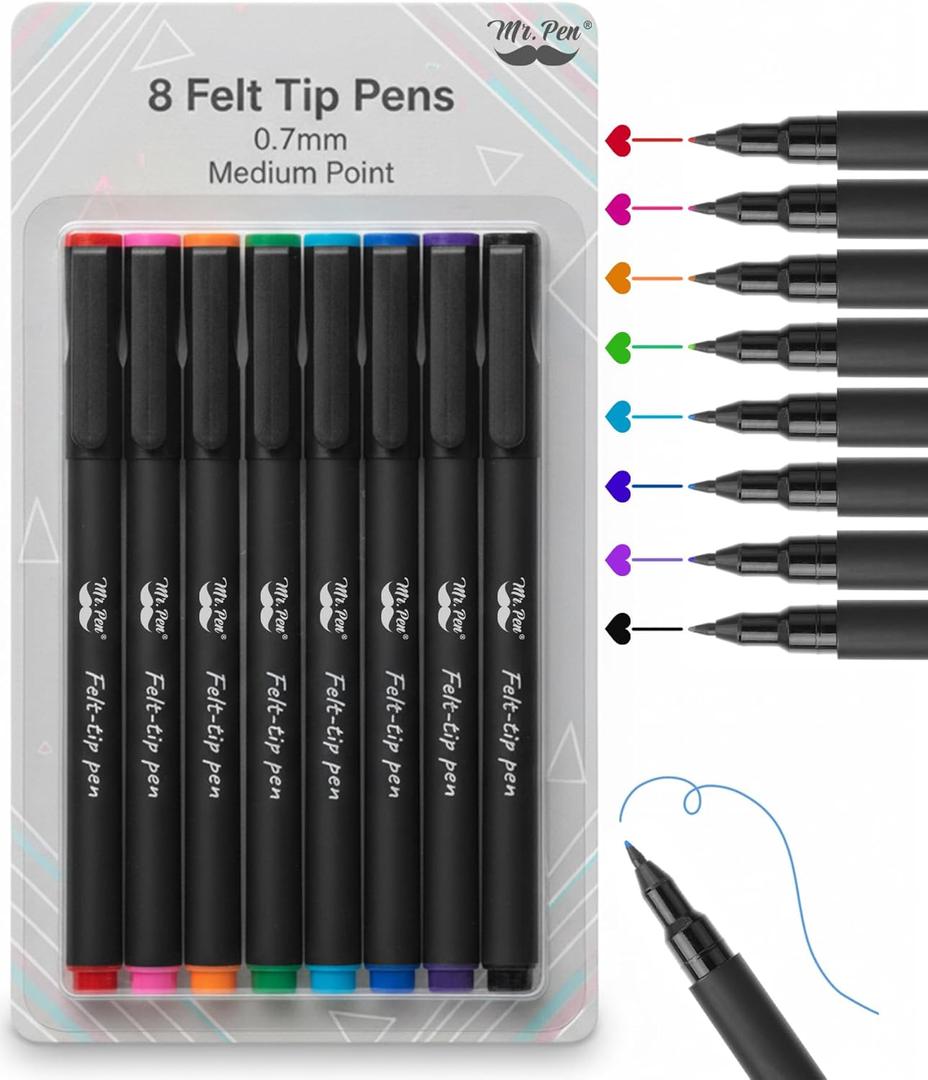 Mr. Pen- Felt Tip Pens, Assorted Colors, 8 Pack, 0.7mm, Bible Journaling Pens, Fine Felt Tip Pens Fine Point, Journaling, Note Taking, Fast Dry, Writing (Essential Brights)