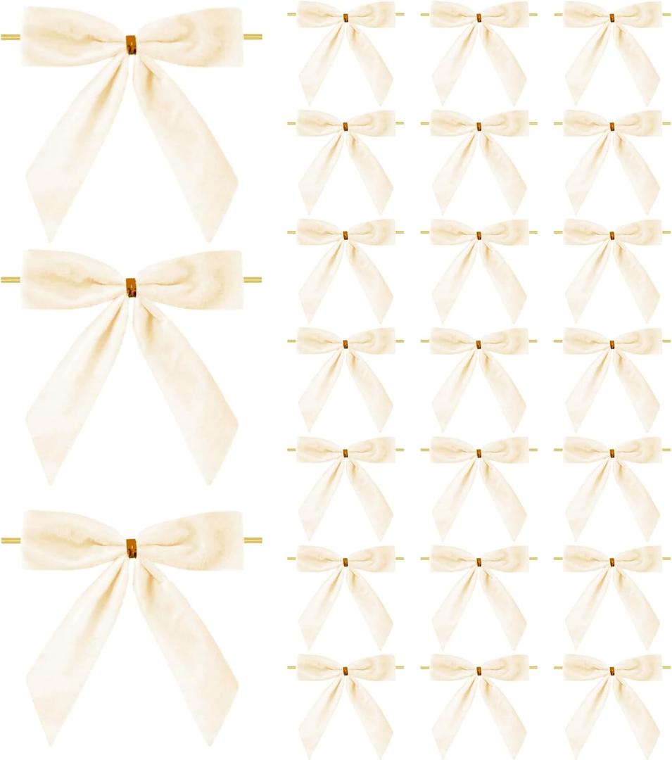 Meseey Velvet Ribbon Twist Tie Bows, 4 Inches, 24 Pieces, for Treat Bags, Gift Wrapping, Crafts (Ivory)