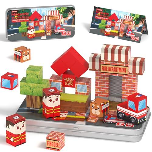 CZCUUDZ 35PCS Travel Magnetic Blocks, Mini Magnetic Blocks with Portable Iron Box, STEM Magnet Toys for Kids Ages3 4 5 6 7 8, Magnetic Building Blocks for Airplane, Restaurant and Travel, Fire Station