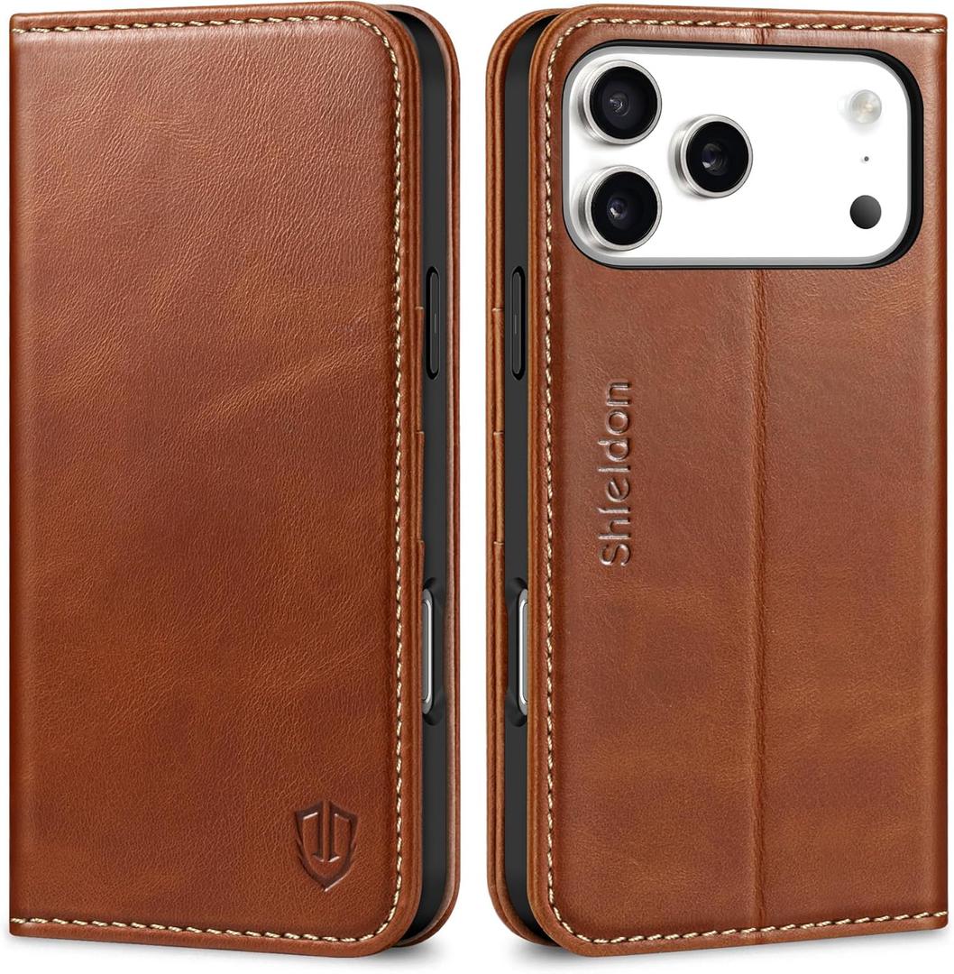 SHIELDON Genuine Leather Wallet Case for iPhone 17 Pro Max 6.9-inch 2025 | Flip | Magnetic Cover | RFID Blocking Credit Card Holder | Kickstand | Shock-Absorbent Case | Retro Brown