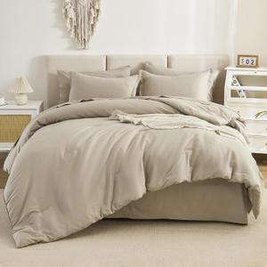 Litanika Comforter King Size Set Oatmeal - 7 Pieces Bed in a Bag King Bedding Comforter Sets, Plain Lightweight Bed Set with Comforter, Sheets, Pillowcases & Shams (King (104"x90"))