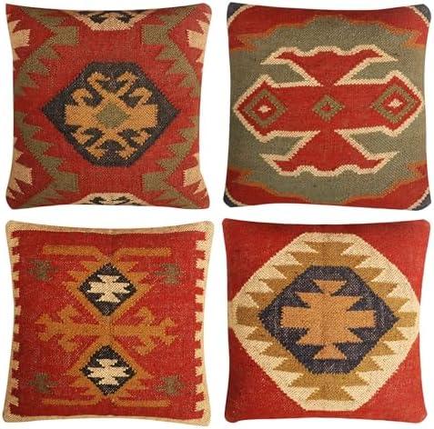 JAIPUR KILIM RUGS Set of 4 Wool Jute Vintage Kilim Cushion Covers,Home Decor Pillowcases Handwoven Turkish Pillow Decorative Throw Pillow Covers (Multicolor-4)