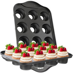 2 Pack Mini Cheesecake Pans Removable Bottom 12 Cavity Mini Cupcake Pan with Silicone Handle Nonslip Anti Heat Nonstick Carbon Steel Muffin Mold 13" x 8" Baking Molds