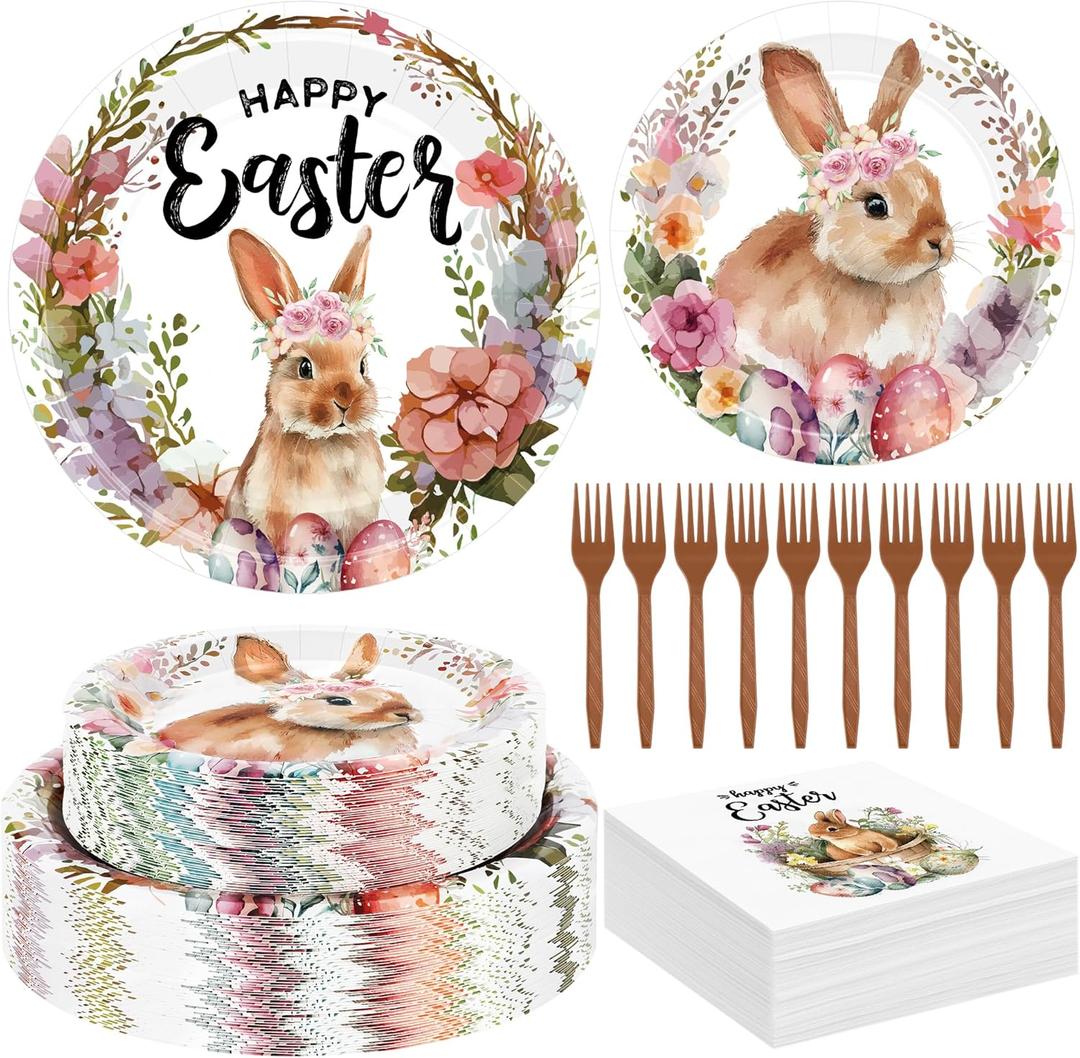 200 Pcs Easter Plates and Napkins Bulk Set, Disposable Dinner Plates, Vibrant Rabbit Floral Easter Decorations Includes Platters Napkins Forks, Spring Tableware for Egg Hunt Party Holiday Supplies