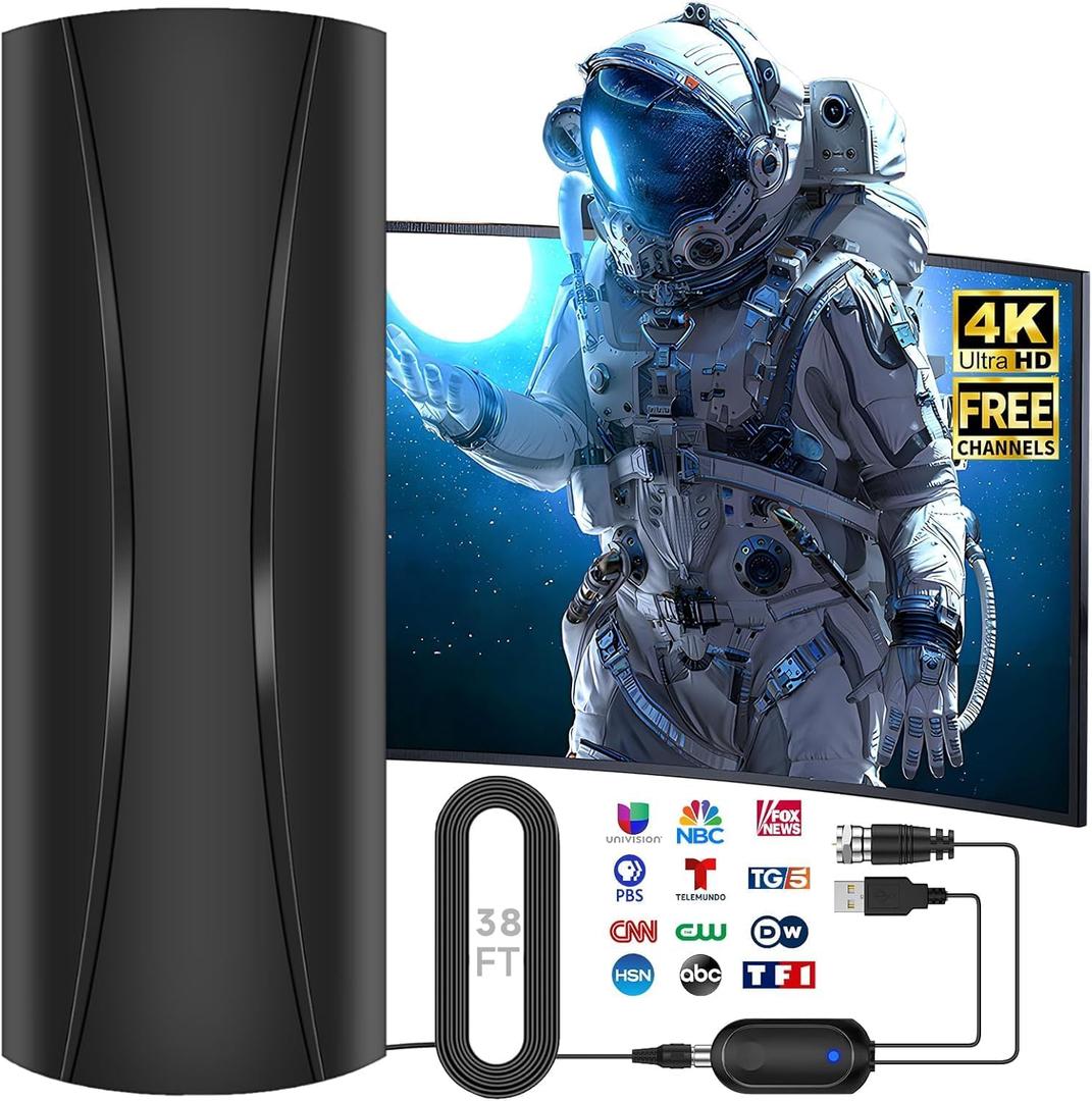 3200+ Miles Range TV Antenna,2026 Digital TV Antenna Indoor Outdoor with Strongest Amplifier, 360Reception HDTV Antenna for Local Channels for Smart TV and Old TVs-38ft Coax Cable-Support 8K 4K 1080p