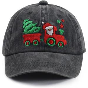 Christmas Hat for Kids Age 2-8, Adjustable Cotton Embroidery Xmas Holiday Santa Toddler Baseball Cap (One Size, Black)