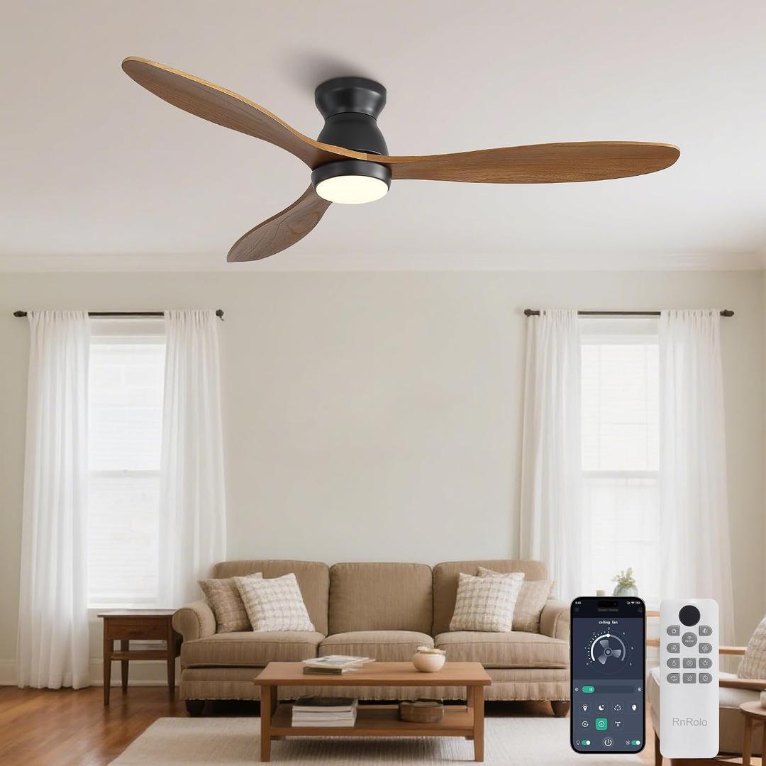 52 Inch Ceiling Fan with Light and Remote & APP Control, 3 Wooden Blades, 6 Wind Speeds, Quiet DC Motor, Indoor Flush Mount Ceiling Fan for Bedroom Living Room Farmhouse Patio