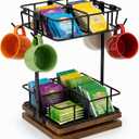 Rotating Tea Bag Holder with 360° Wooden Base, 2-Tier Tea Bag Organizer for Countertop, Teabag Caddy Stand with 4 Cup Hooks, Kitchen Coffee Bar Storage Rack