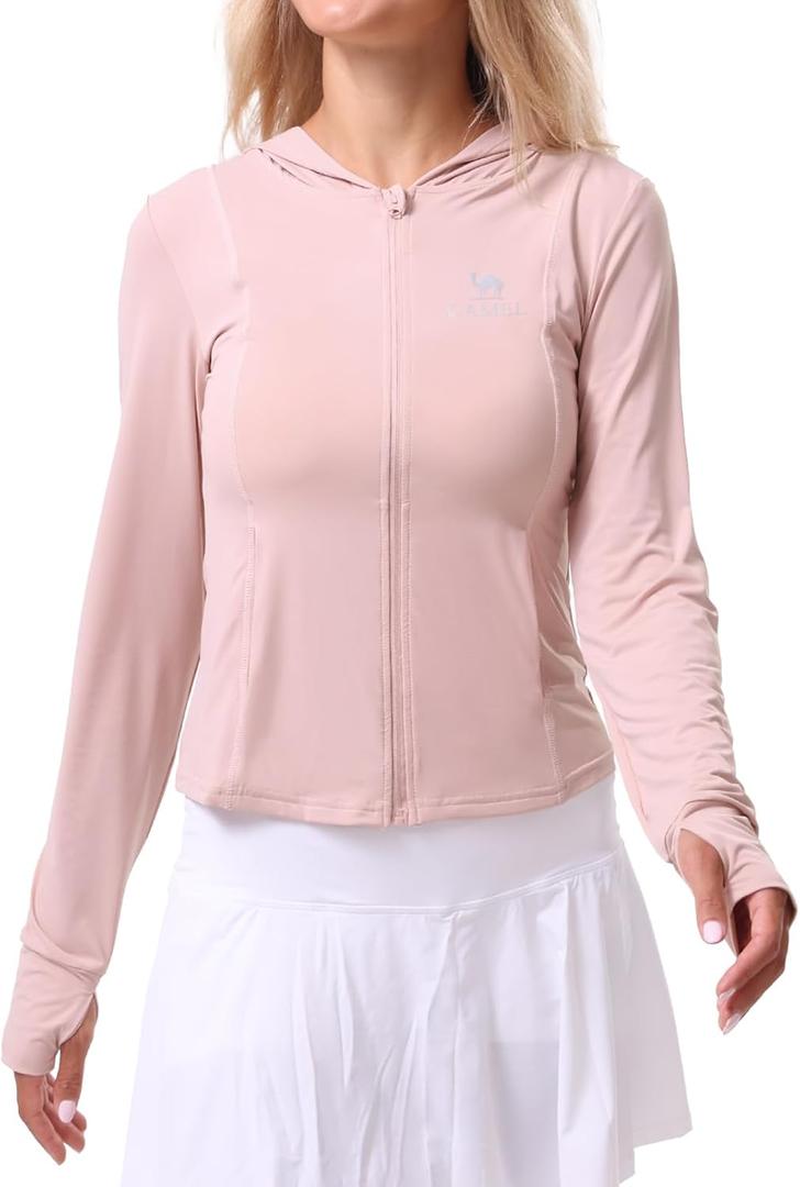 CAMEL CROWN Women's UPF 50+ Sun Protection Jacket Hoodie Lightweight Sunscreen Zip Long Sleeve Shirts for Women with Pocket (Pink, XXL)