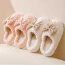 Plush Cute Bow Slippers for Women  Furry Comfy Indoor Outdoor Non-Slip House Slippers (White)